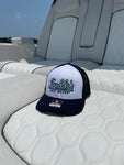 The Classic Freddy's Boat Works Trucker Cap in Carolina Blue and Fox Red